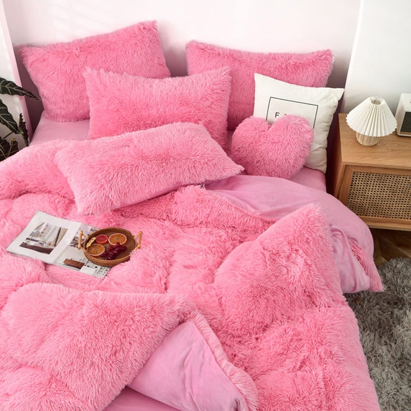 MorroMorn 5 PCS Shaggy Duvet Cover Bedding Set - Long Faux Fur Luxury Ultra Soft (Pink, King/California King) - Image 2